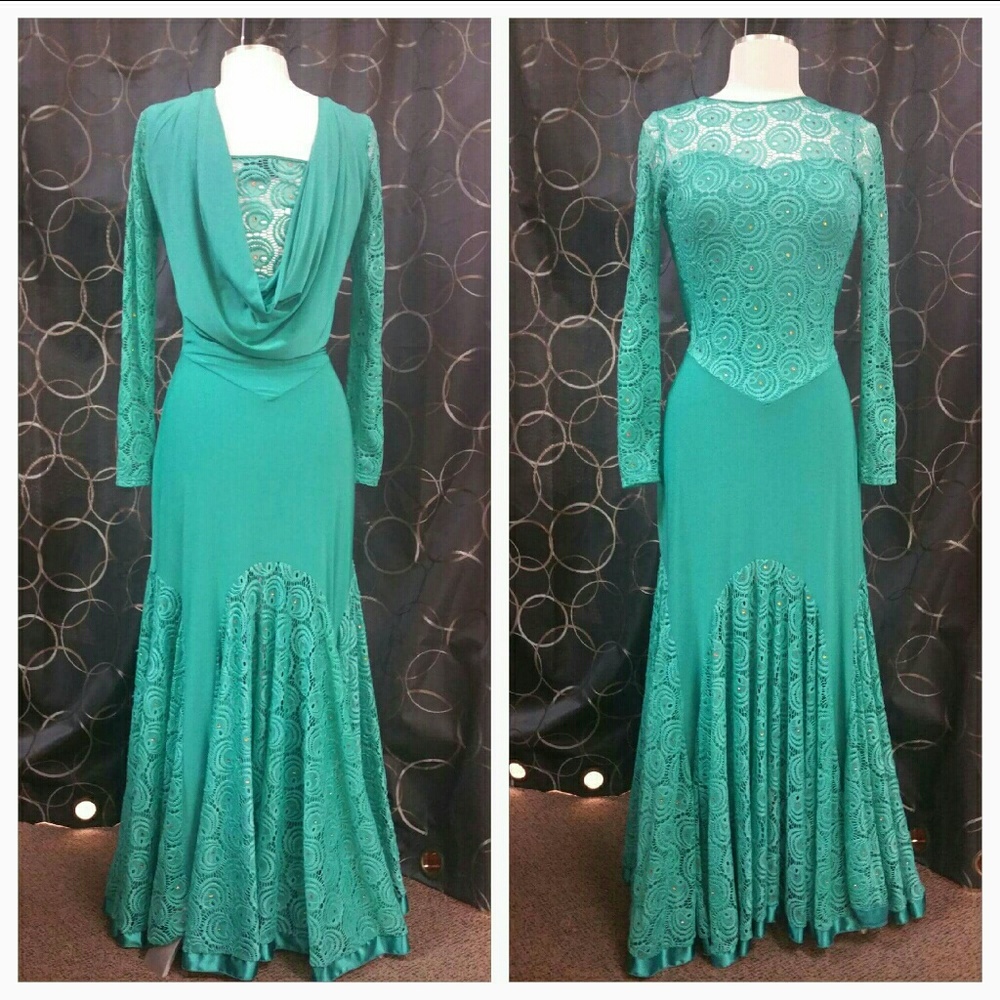 Swarovski spearmint gown with circle lace and Satin Ribbon Trim